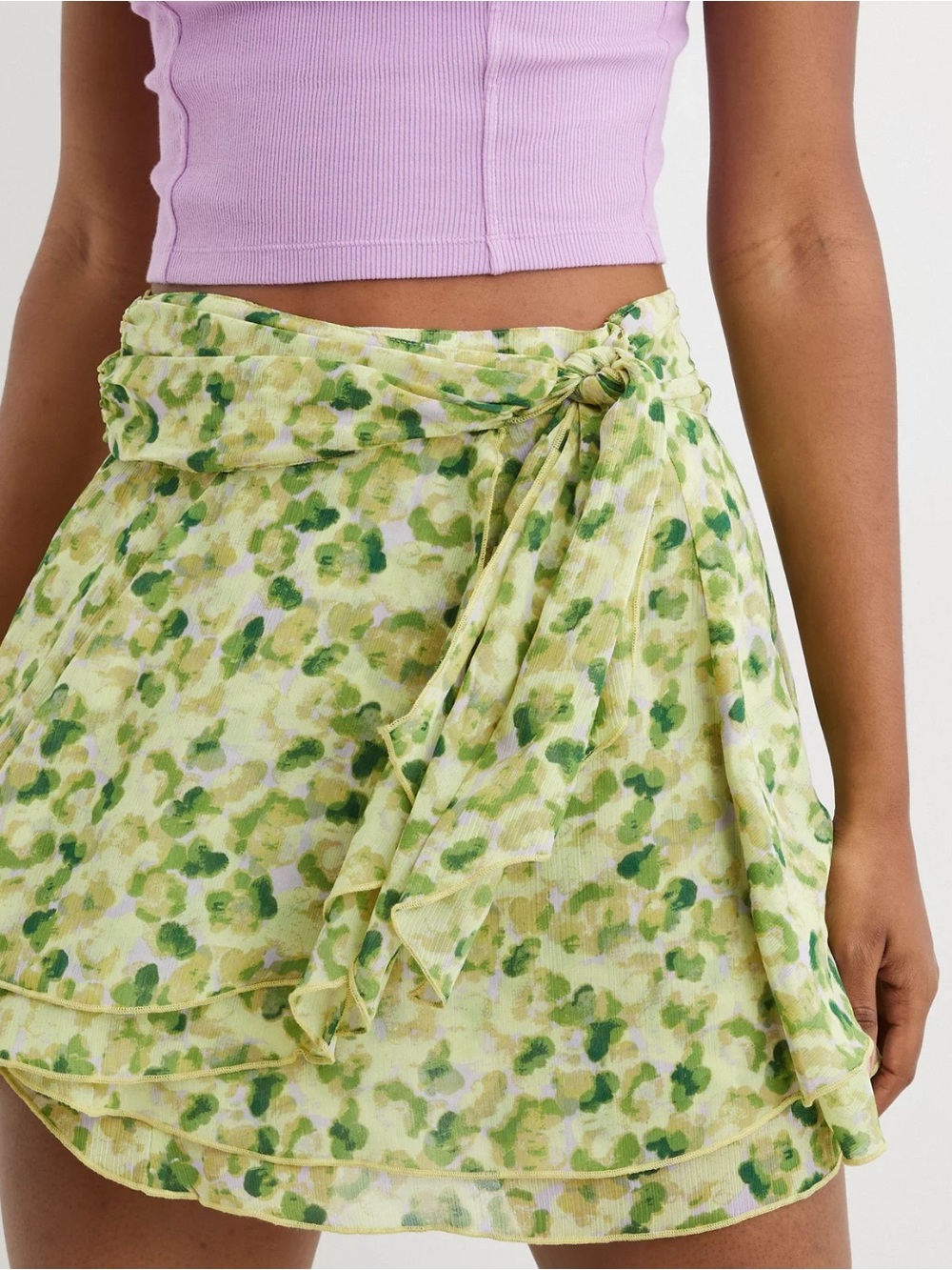 Aerie Chiffon Wrap Green Floral Tie-Waist Mini Skirt
